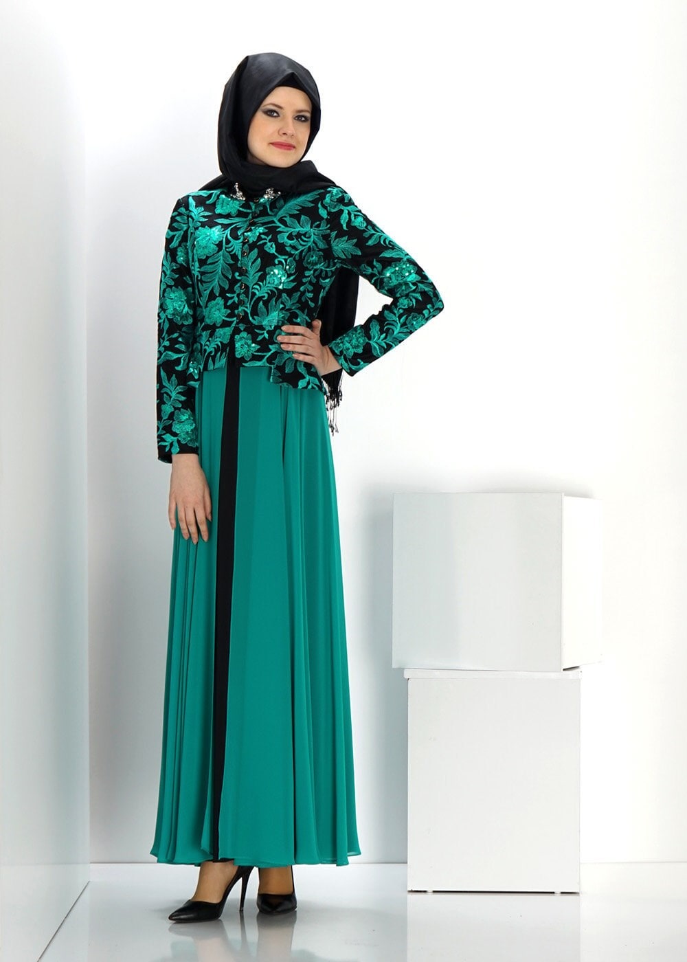 Hijab clothing BLUE FLOWER PATTERN EVENING DRESS 5986
