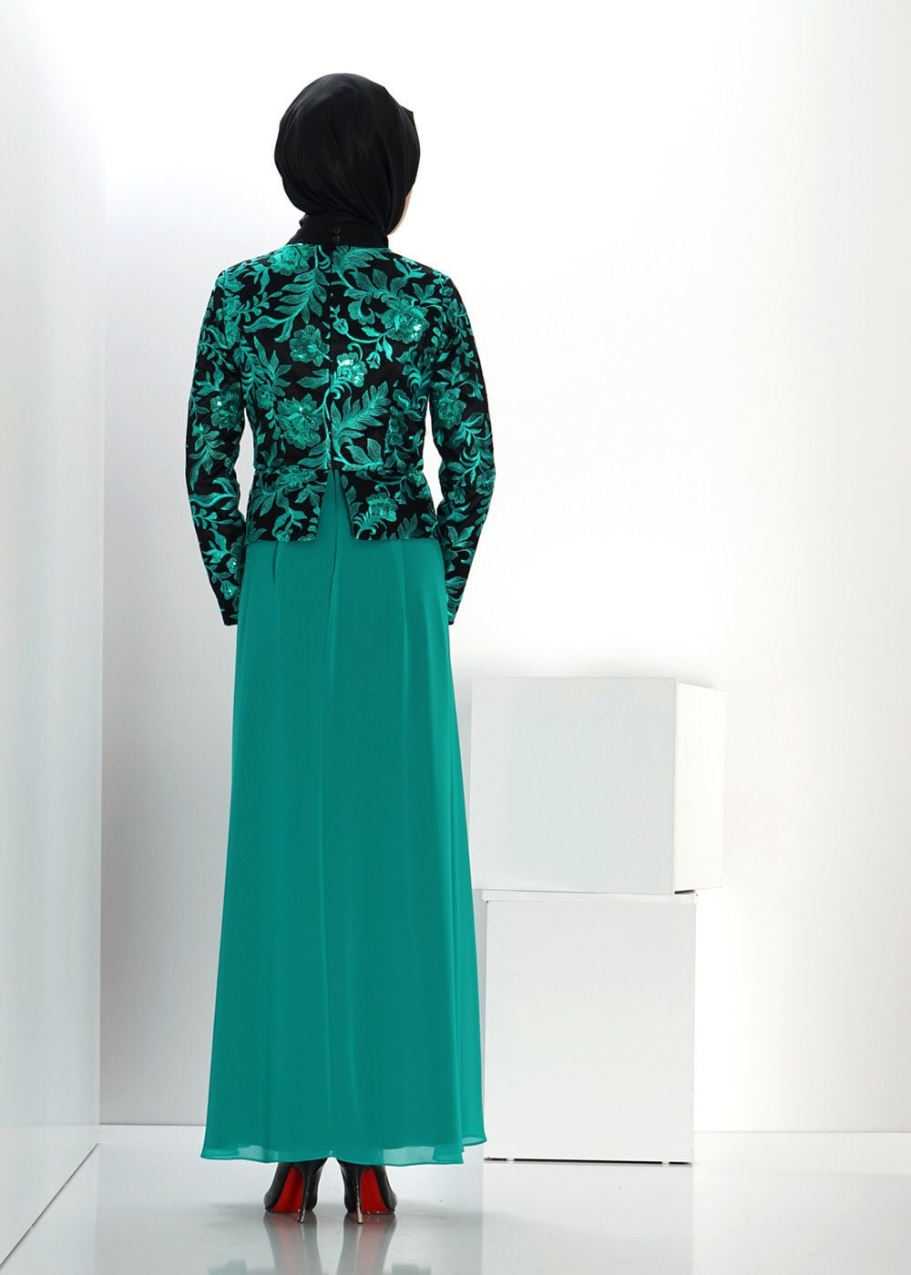 Hijab clothing BLUE FLOWER PATTERN EVENING DRESS 5986