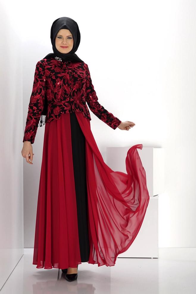 Vêtements hijab ROUGE BORDEAUX ROBE DE SOIRÉE MOTIF FLEURI 5986 - ALVİNA
