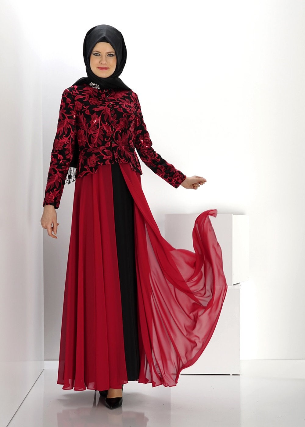 Hijab clothing CLARET RED FLOWER PATTERN EVENING DRESS 5986