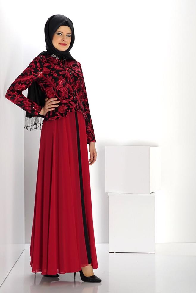 Vêtements hijab ROUGE BORDEAUX ROBE DE SOIRÉE MOTIF FLEURI 5986 - ALVİNA