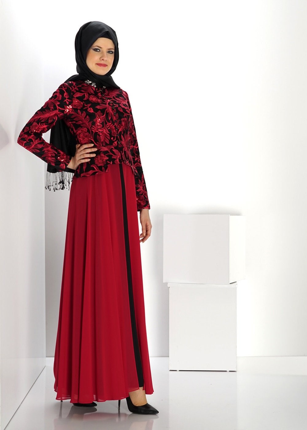 Hijab clothing CLARET RED FLOWER PATTERN EVENING DRESS 5986