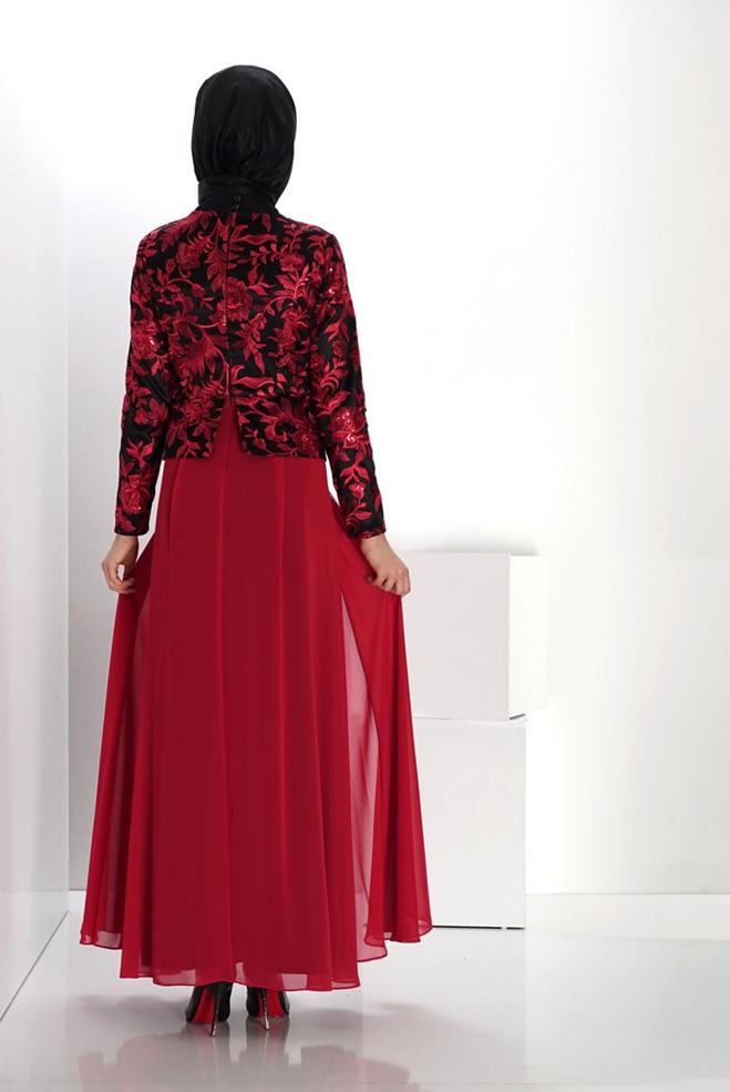 Vêtements hijab ROUGE BORDEAUX ROBE DE SOIRÉE MOTIF FLEURI 5986 - ALVİNA