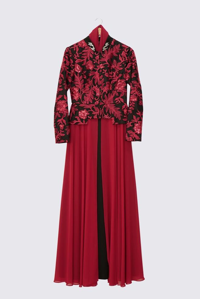 Vêtements hijab ROUGE BORDEAUX ROBE DE SOIRÉE MOTIF FLEURI 5986 - ALVİNA