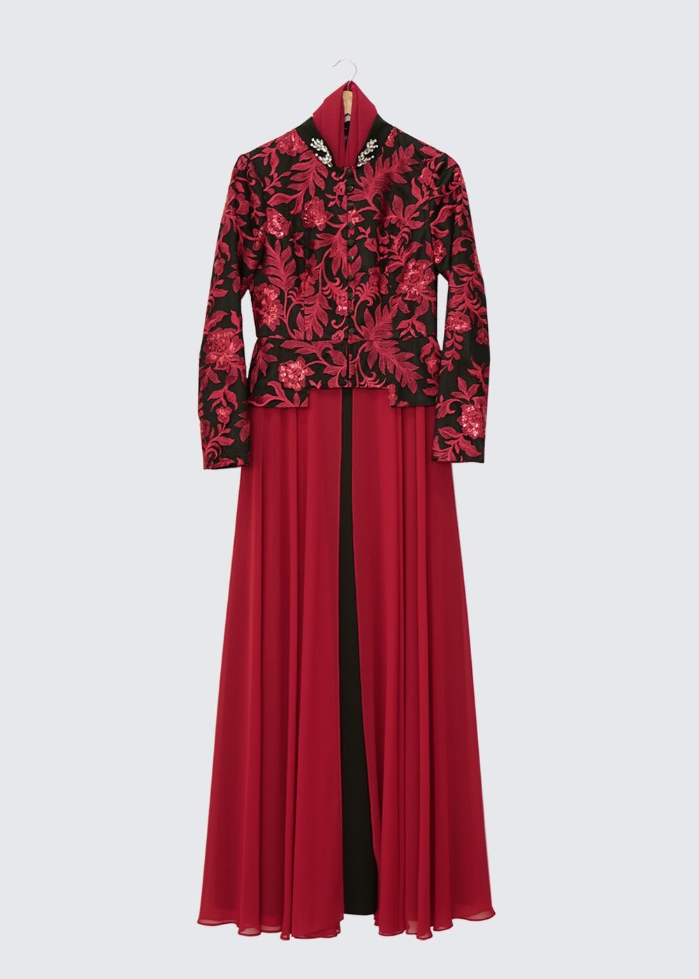 Hijab clothing CLARET RED FLOWER PATTERN EVENING DRESS 5986
