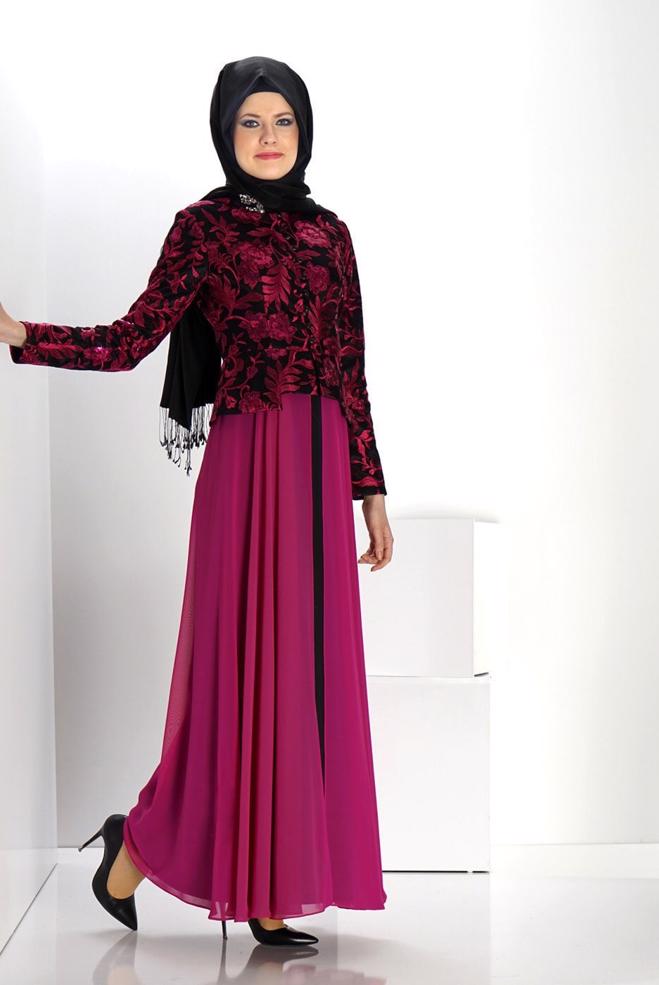 Vêtements hijab FUCHSIA ROBE DE SOIRÉE MOTIF FLEURI 5986 - ALVİNA