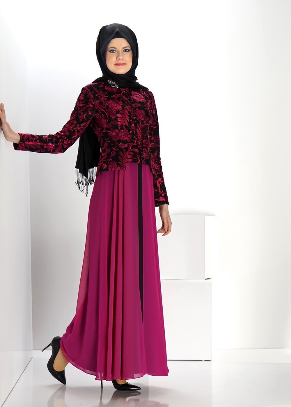 Tesettür giyim FUŞYA ÇİÇEK DESENLİ ABİYE ELBİSE 5986