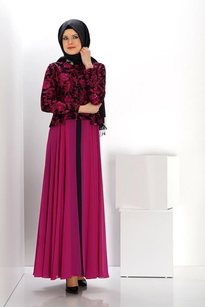 Vêtements hijab FUCHSIA ROBE DE SOIRÉE MOTIF FLEURI 5986 - ALVİNA