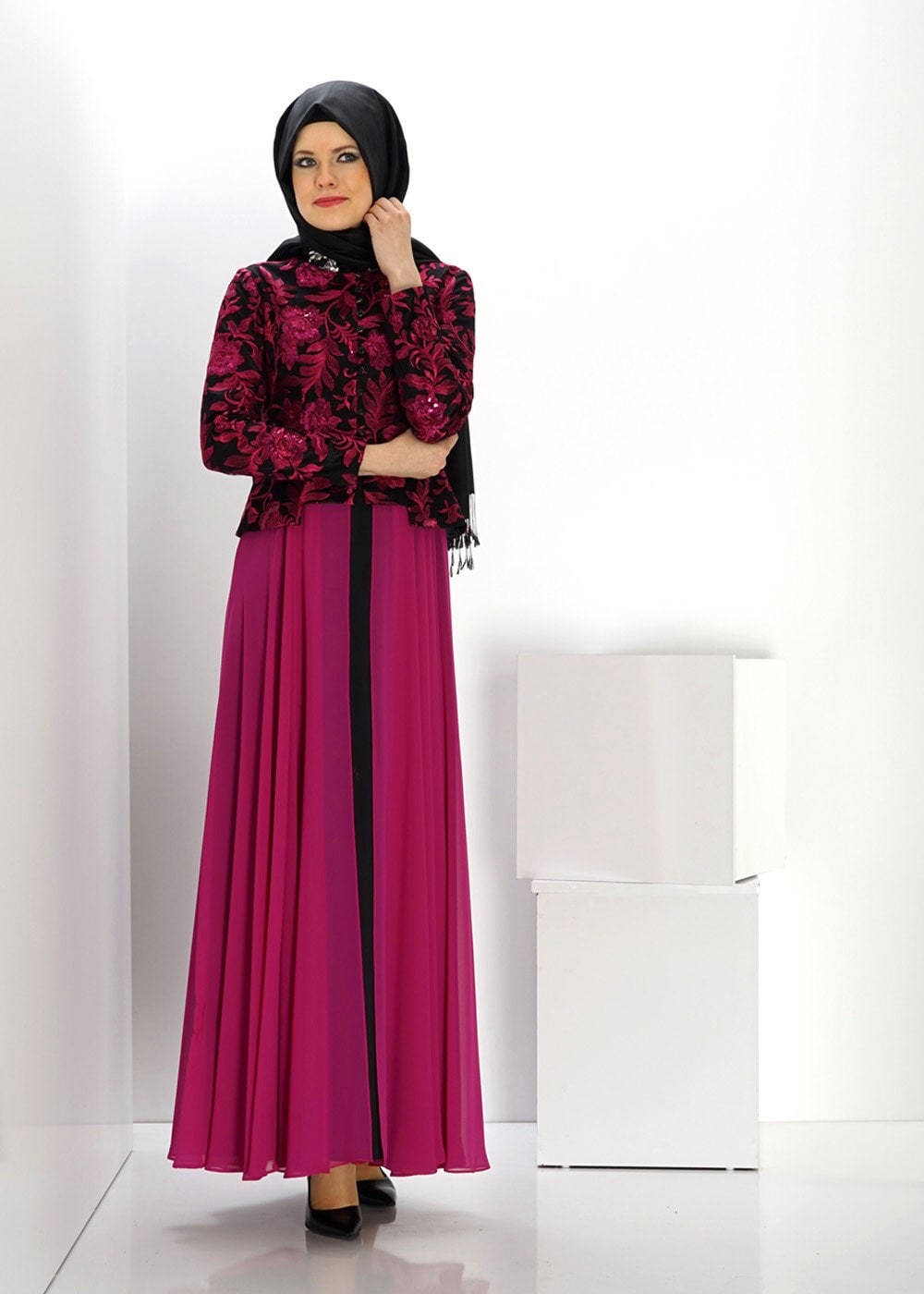 Tesettür giyim FUŞYA ÇİÇEK DESENLİ ABİYE ELBİSE 5986