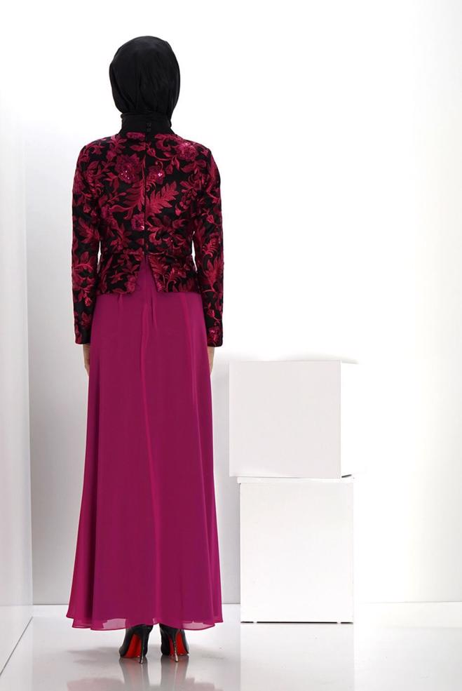 Vêtements hijab FUCHSIA ROBE DE SOIRÉE MOTIF FLEURI 5986 - ALVİNA