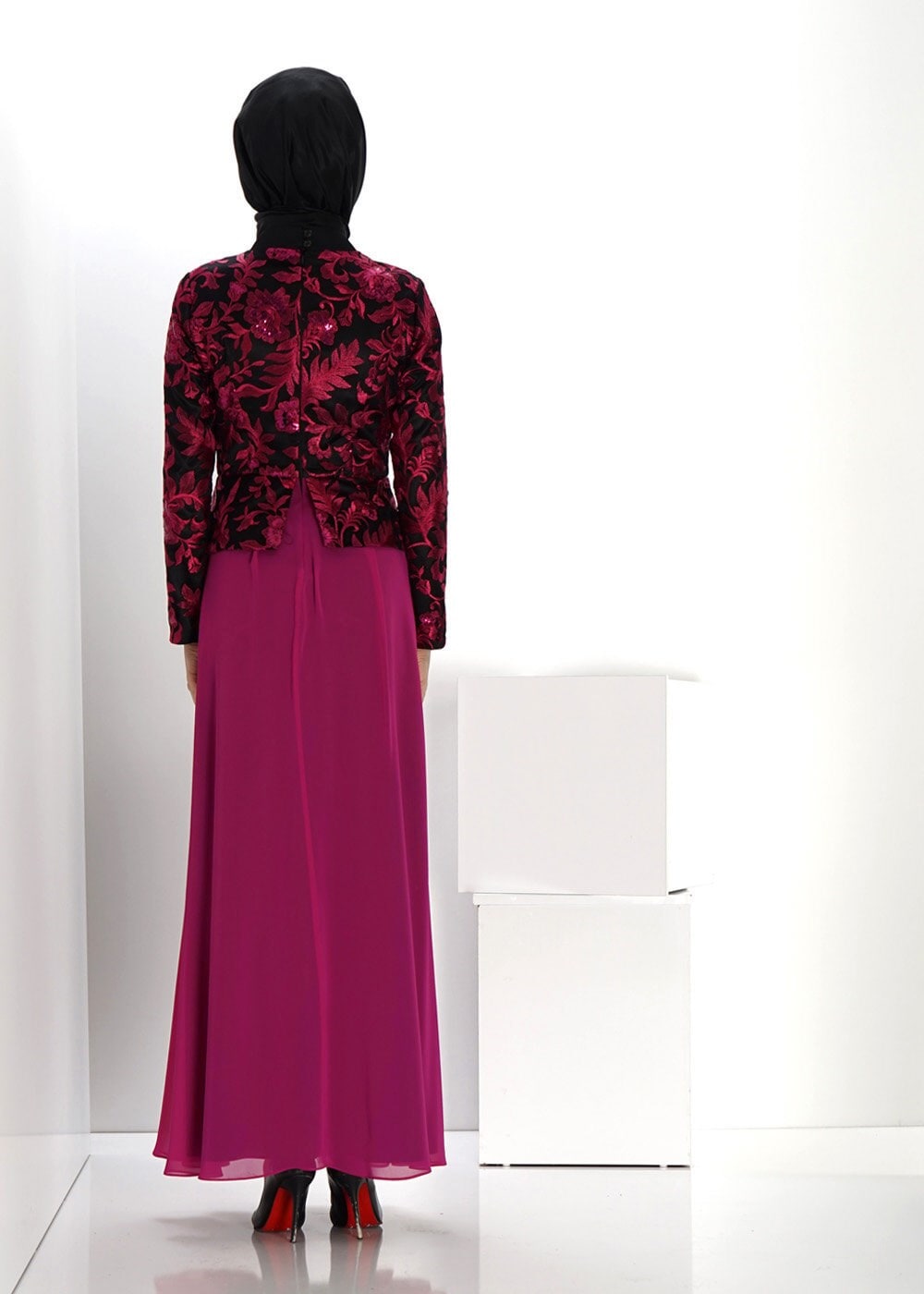 Tesettür giyim FUŞYA ÇİÇEK DESENLİ ABİYE ELBİSE 5986