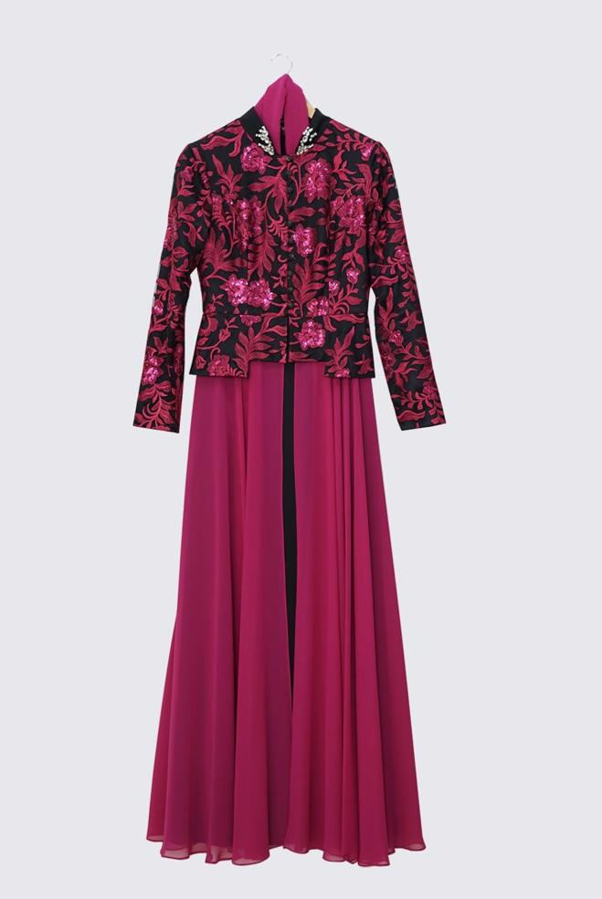 Vêtements hijab FUCHSIA ROBE DE SOIRÉE MOTIF FLEURI 5986 - ALVİNA