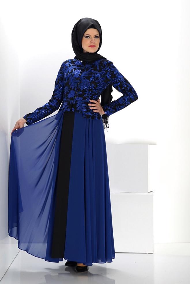 Vêtements hijab BLEU MARINE ROBE DE SOIRÉE MOTIF FLEURI 5986 - ALVİNA