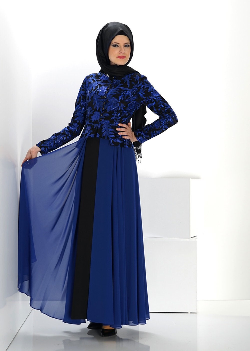 Hijab clothing NAVY BLUE FLOWER PATTERN EVENING DRESS 5986
