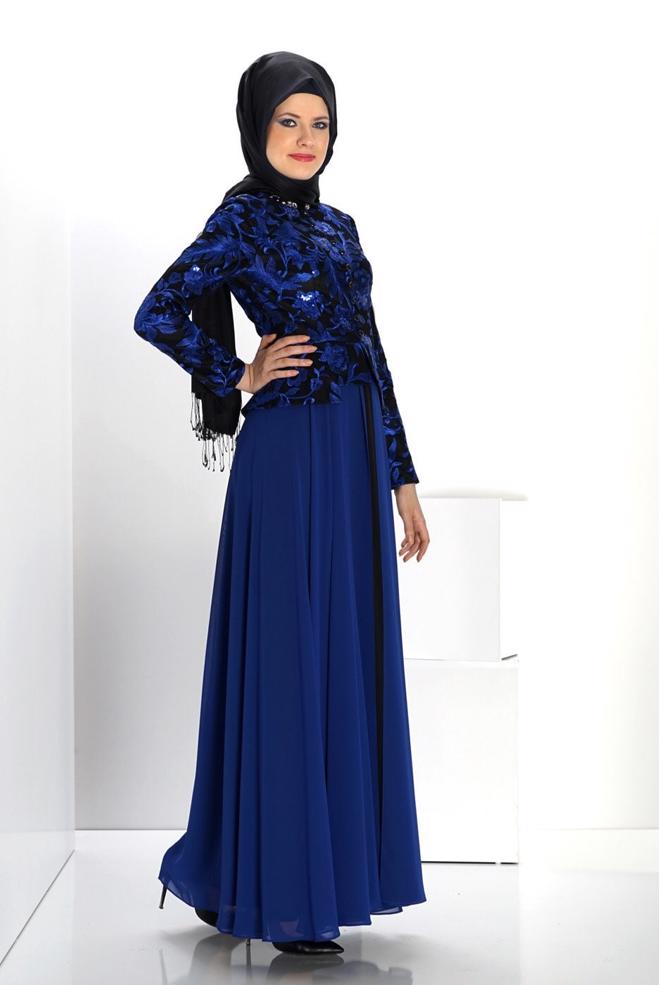 Vêtements hijab BLEU MARINE ROBE DE SOIRÉE MOTIF FLEURI 5986 - ALVİNA