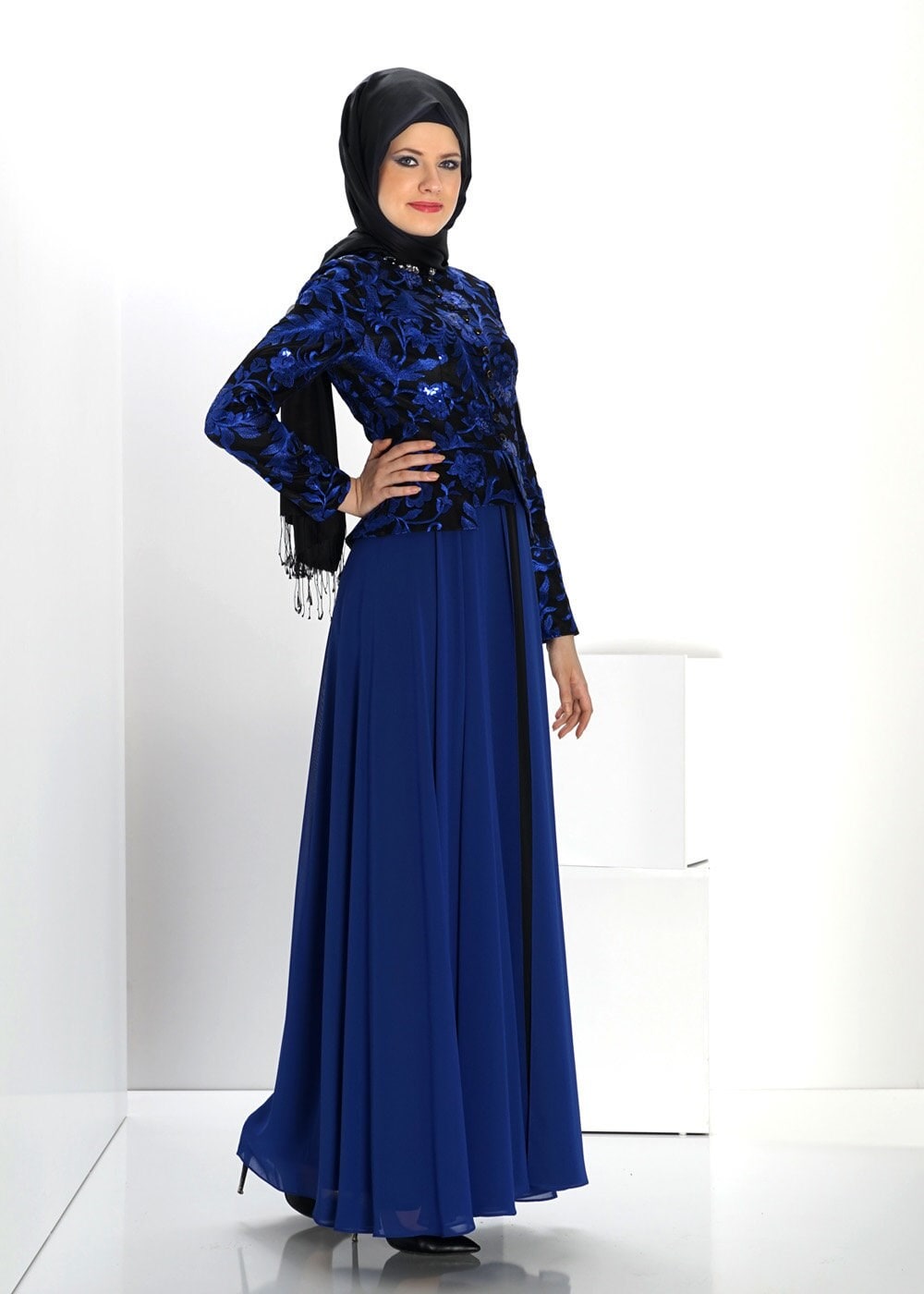 Hijab clothing NAVY BLUE FLOWER PATTERN EVENING DRESS 5986