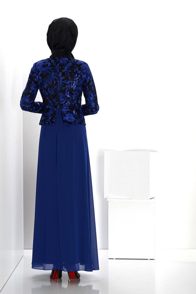 Vêtements hijab BLEU MARINE ROBE DE SOIRÉE MOTIF FLEURI 5986 - ALVİNA