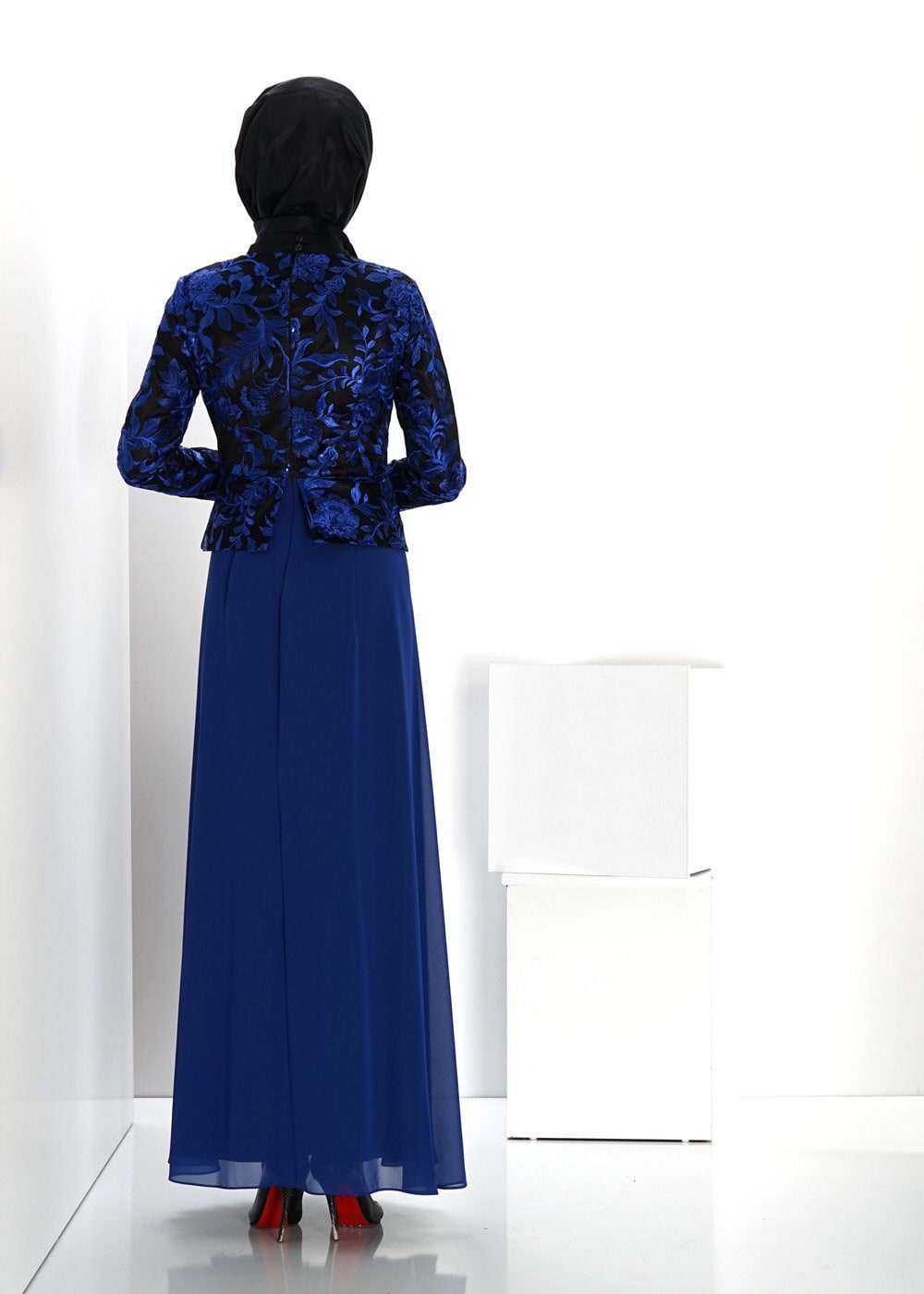 Hijab clothing NAVY BLUE FLOWER PATTERN EVENING DRESS 5986