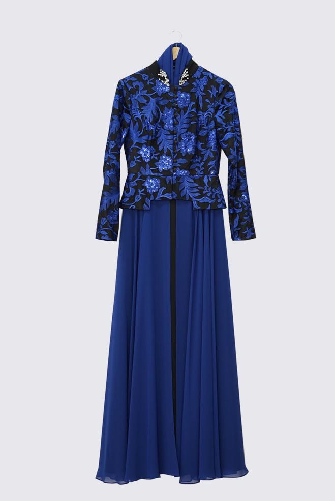 Vêtements hijab BLEU MARINE ROBE DE SOIRÉE MOTIF FLEURI 5986 - ALVİNA