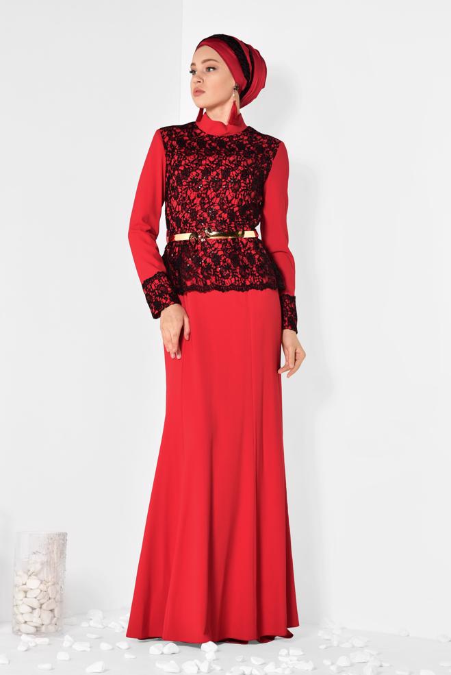 Vêtements hijab ROUGE Robe de Soirée 5987 - ALVİNA
