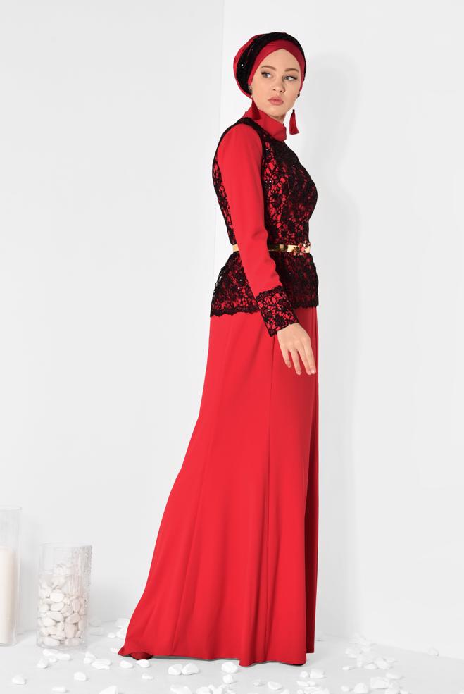 Vêtements hijab ROUGE Robe de Soirée 5987 - ALVİNA