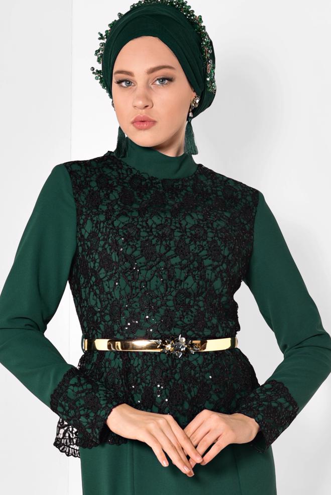 Vêtements hijab VERT Robe de Soirée 5987 - ALVİNA