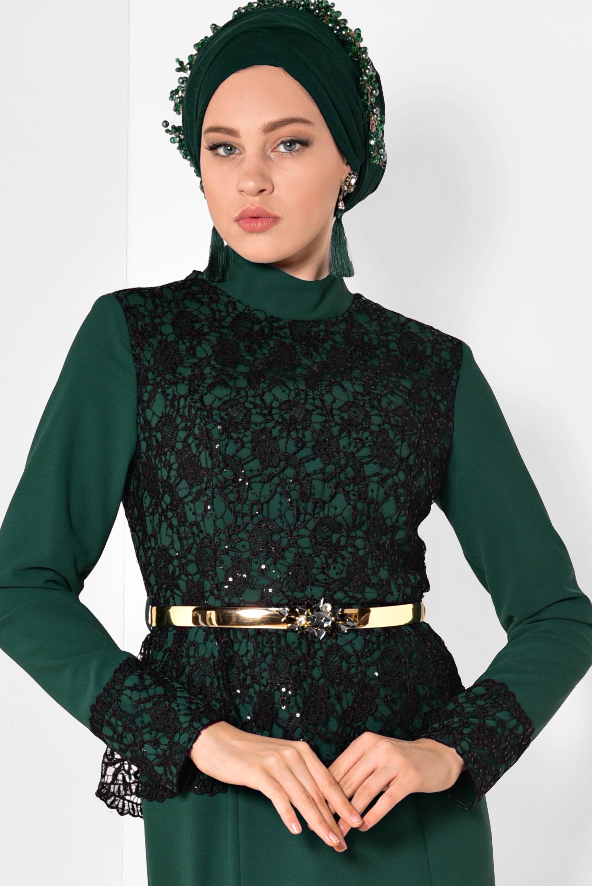 Hijab clothing GREEN Lace Detailed Evening Dress 5987 