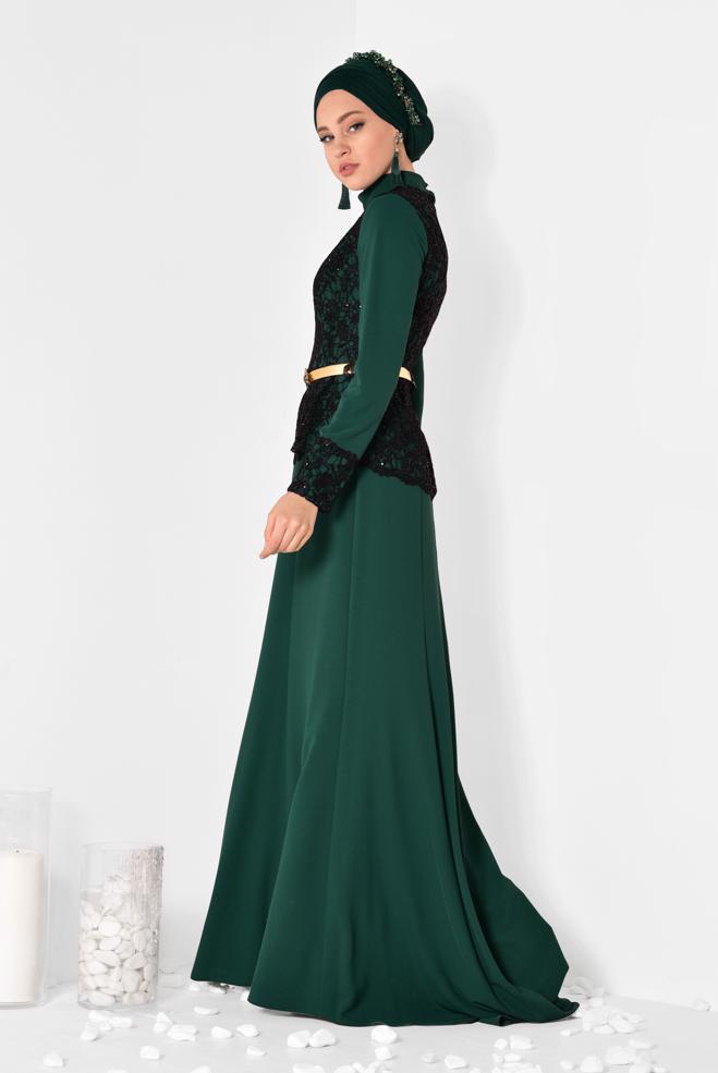 Vêtements hijab VERT Robe de Soirée 5987 - ALVİNA