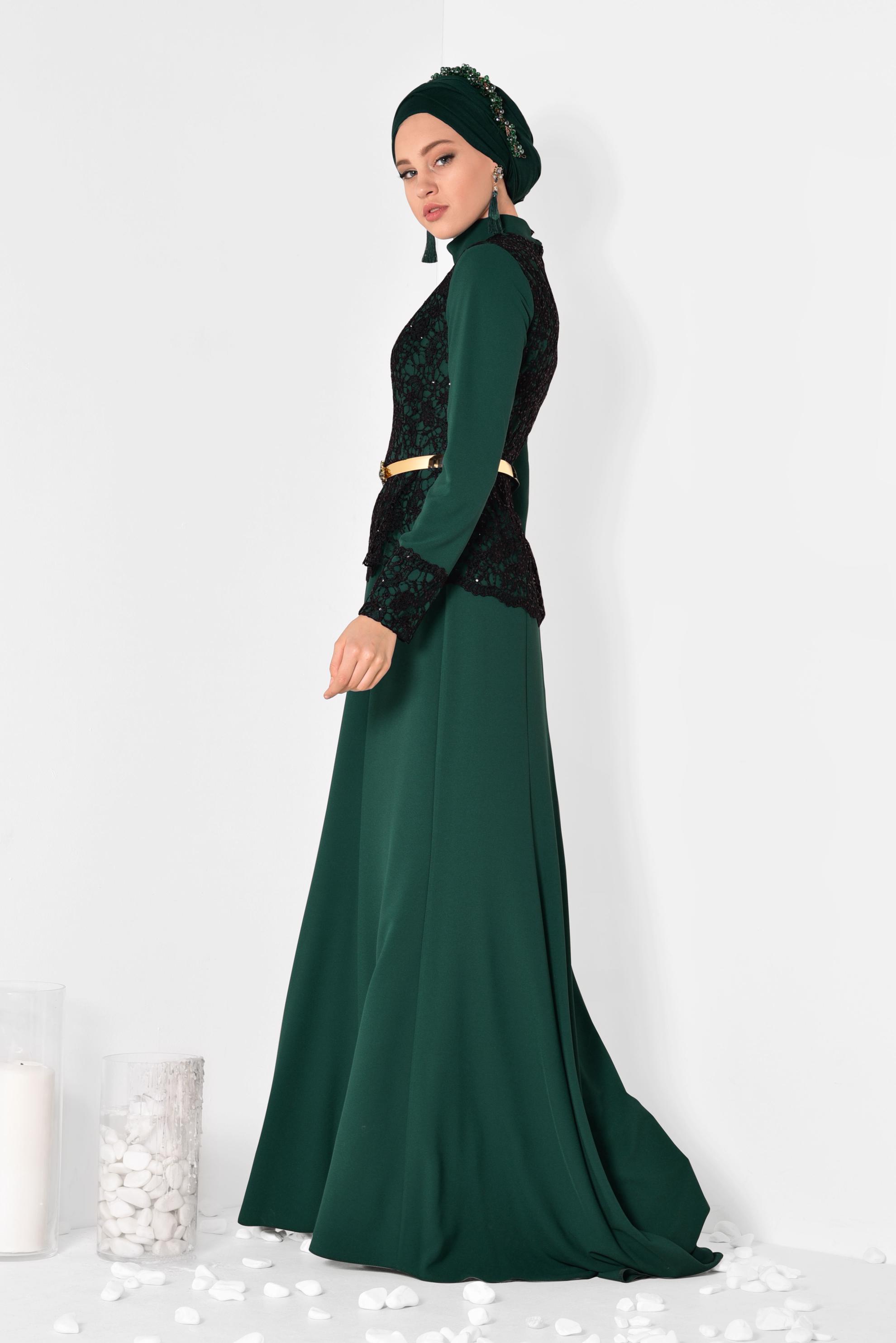 Hijab clothing GREEN Lace Detailed Evening Dress 5987 