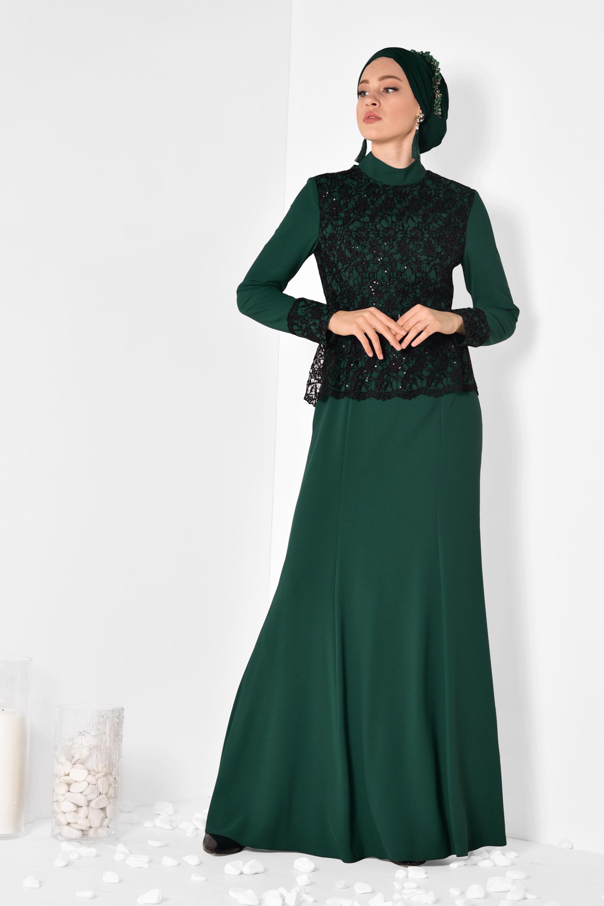 Hijab clothing GREEN Lace Detailed Evening Dress 5987 