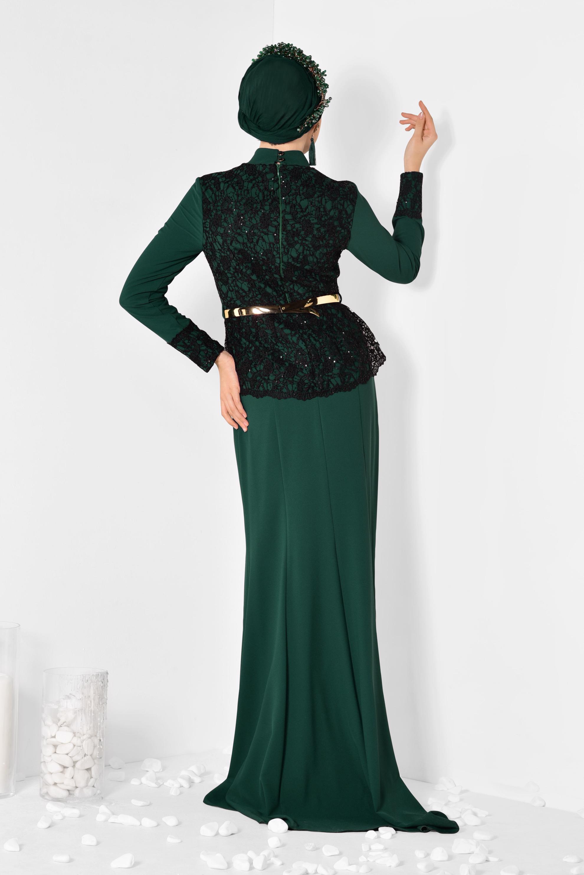 Hijab clothing GREEN Lace Detailed Evening Dress 5987 