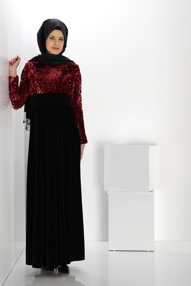 Vêtements hijab NOIR ROBE DE SOIRÉE EN VELOURS À PAILLETTES 5988 - ALVİNA
