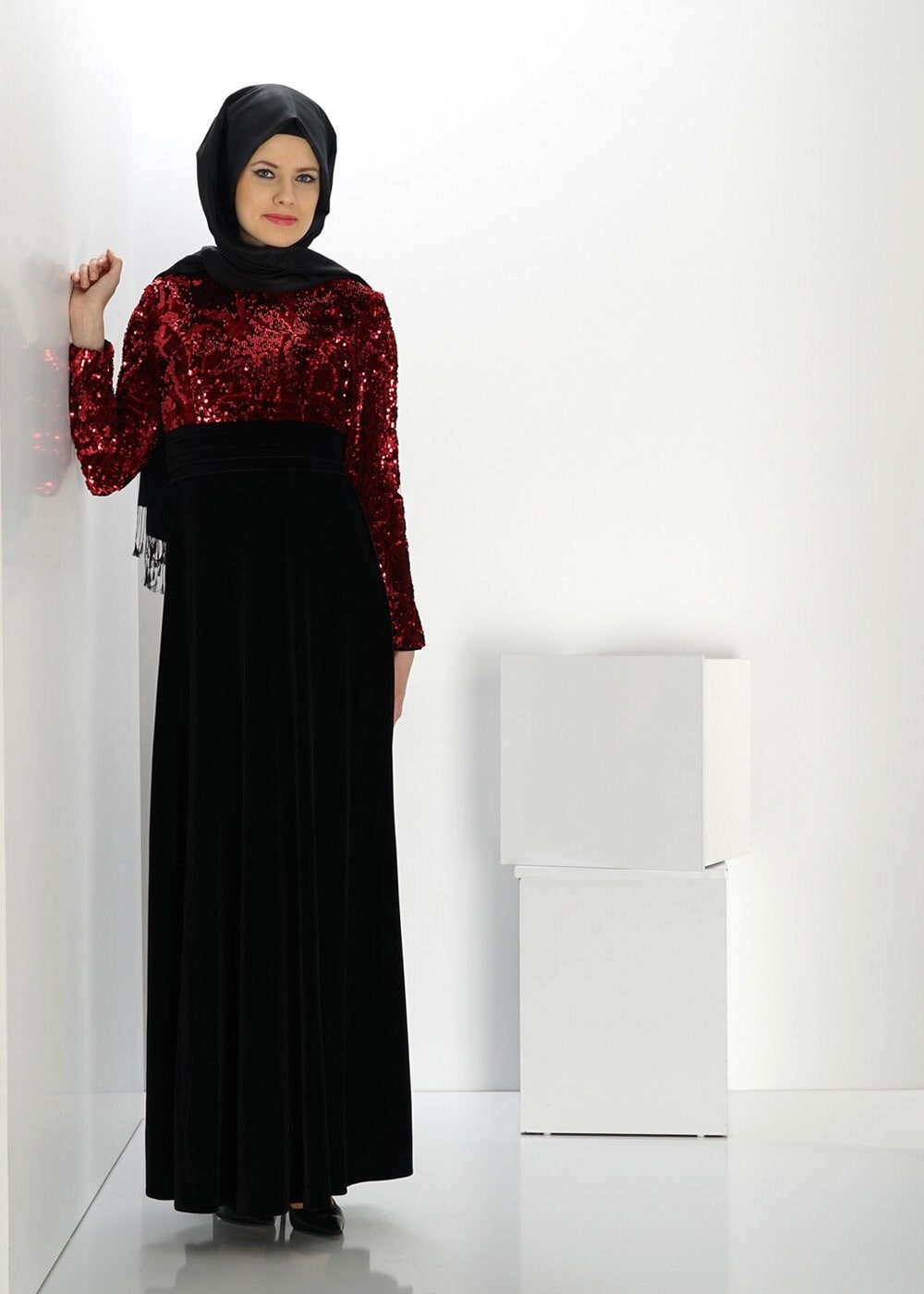 Hijab clothing BLACK SEQUIN DETAIL VELVET EVENING DRESS 5988 
