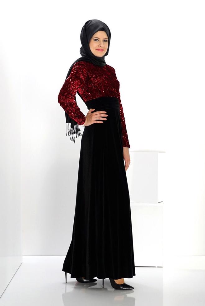 Vêtements hijab NOIR ROBE DE SOIRÉE EN VELOURS À PAILLETTES 5988 - ALVİNA