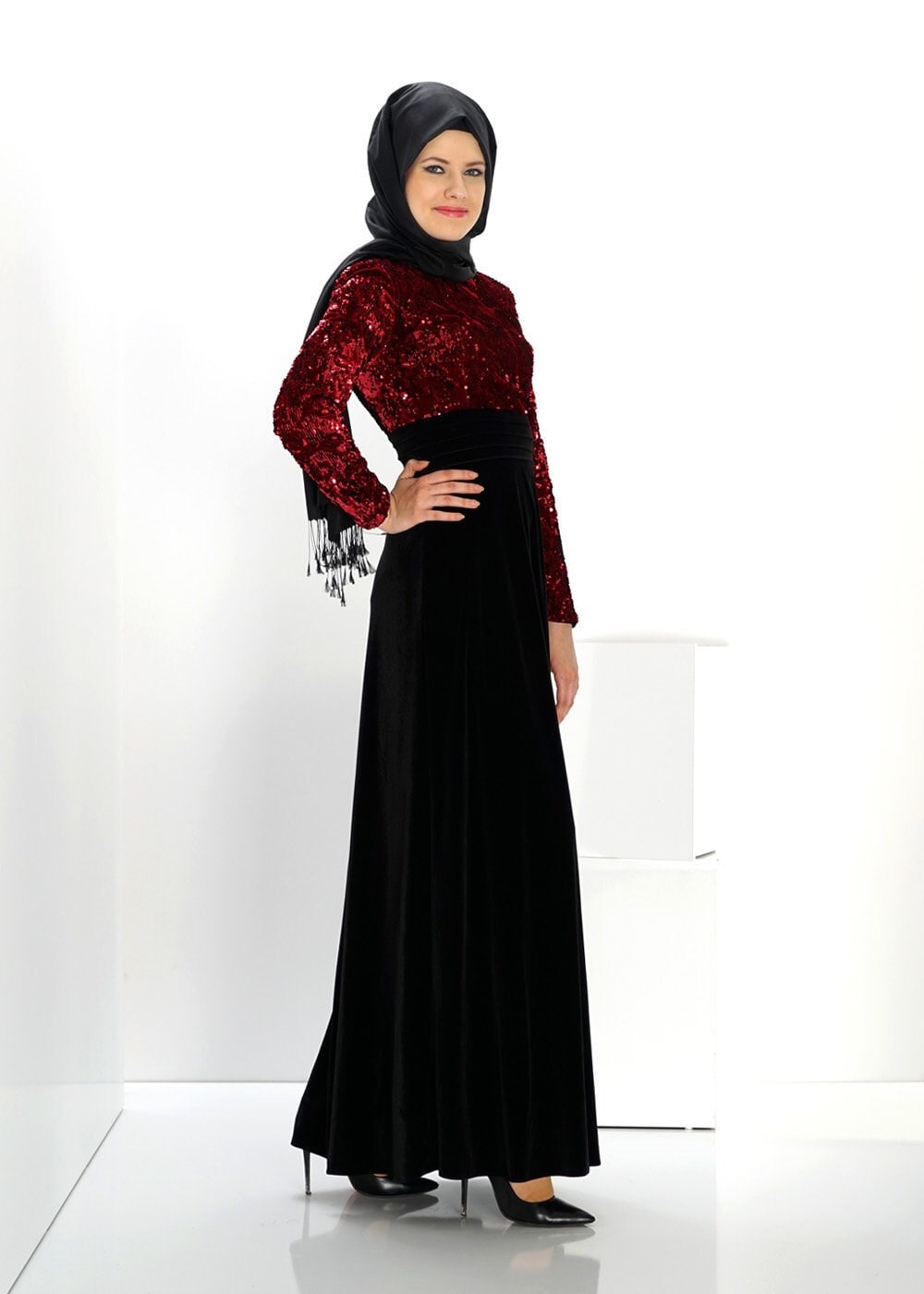 Hijab clothing BLACK SEQUIN DETAIL VELVET EVENING DRESS 5988 