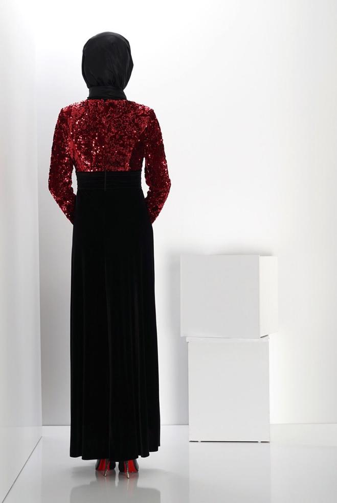 Vêtements hijab NOIR ROBE DE SOIRÉE EN VELOURS À PAILLETTES 5988 - ALVİNA