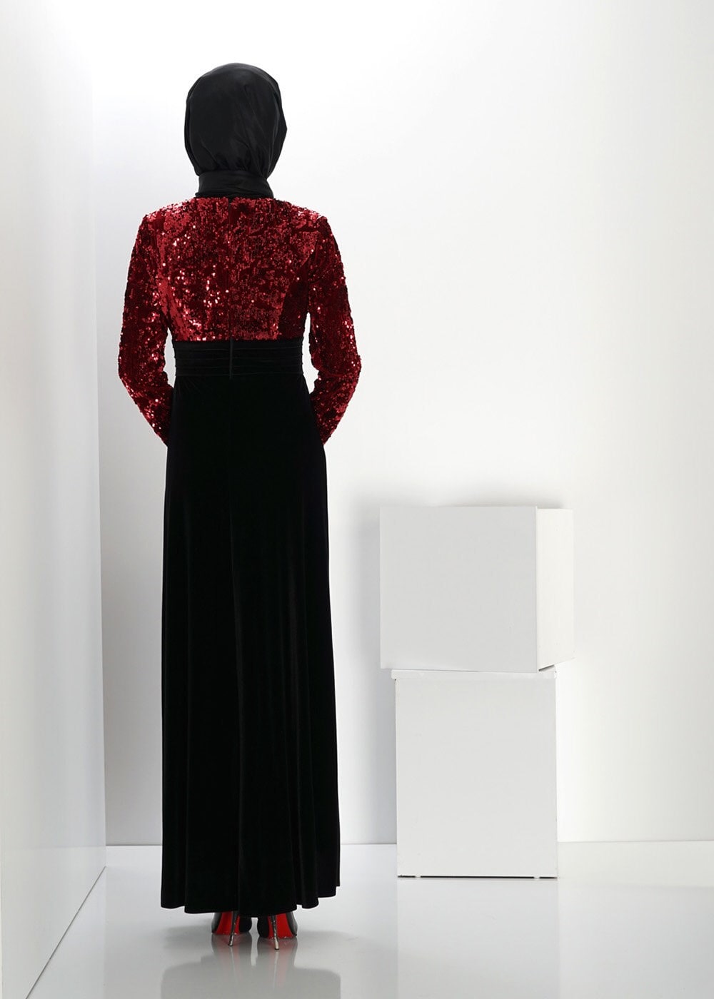 Hijab clothing BLACK SEQUIN DETAIL VELVET EVENING DRESS 5988 