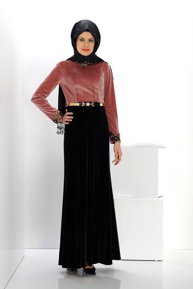 Vêtements hijab POUDRE ROBE DE SOIRÉE AVEC BIJOU 5989 - ALVİNA