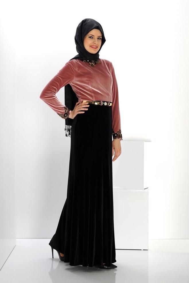 Vêtements hijab POUDRE ROBE DE SOIRÉE AVEC BIJOU 5989 - ALVİNA