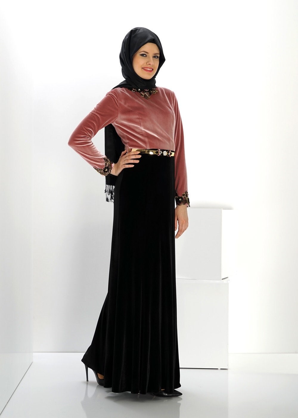 Hijab clothing POWDER EVENING DRESS WITH GEM 5989