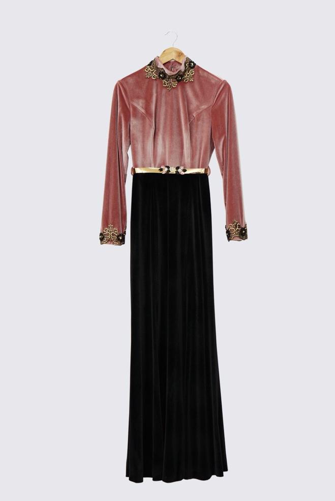 Vêtements hijab POUDRE ROBE DE SOIRÉE AVEC BIJOU 5989 - ALVİNA