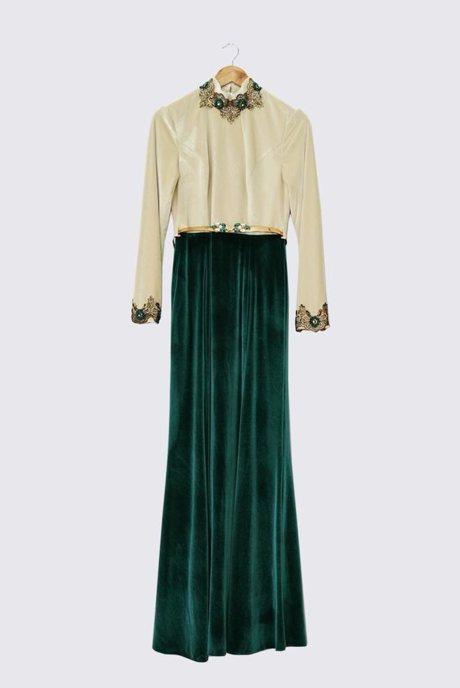 Vêtements hijab ÉCRUE ROBE DE SOIRÉE AVEC BIJOU 5989 - ALVİNA