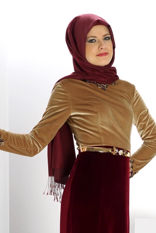 Vêtements hijab BRUN ROBE DE SOIRÉE AVEC BIJOU 5989 - ALVİNA