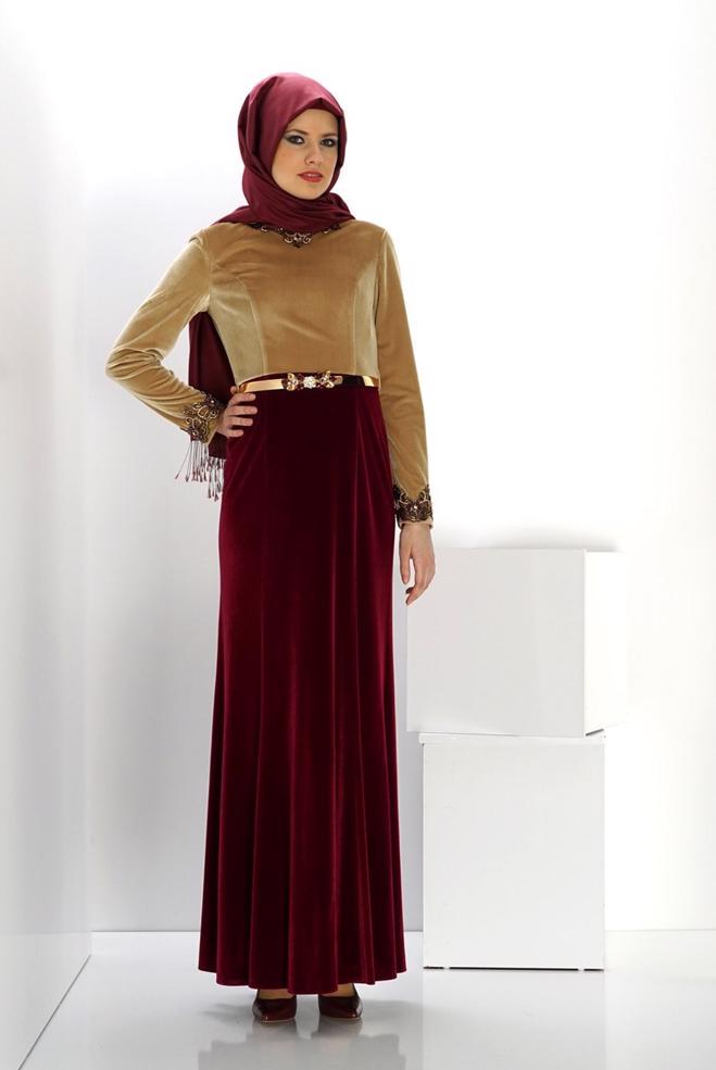 Vêtements hijab BRUN ROBE DE SOIRÉE AVEC BIJOU 5989 - ALVİNA