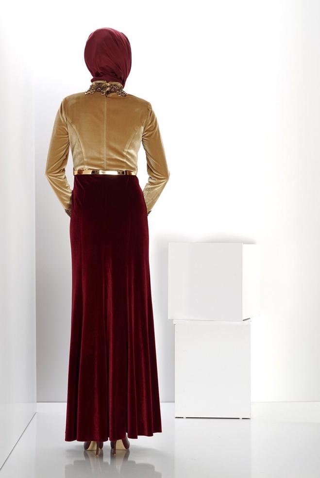 Vêtements hijab BRUN ROBE DE SOIRÉE AVEC BIJOU 5989 - ALVİNA