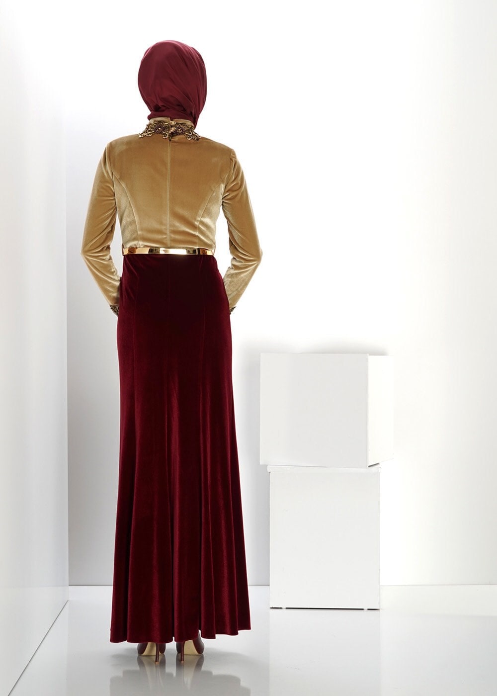 Tesettür giyim KAHVE TAŞ DETAYLI ABİYE ELBİSE 5989