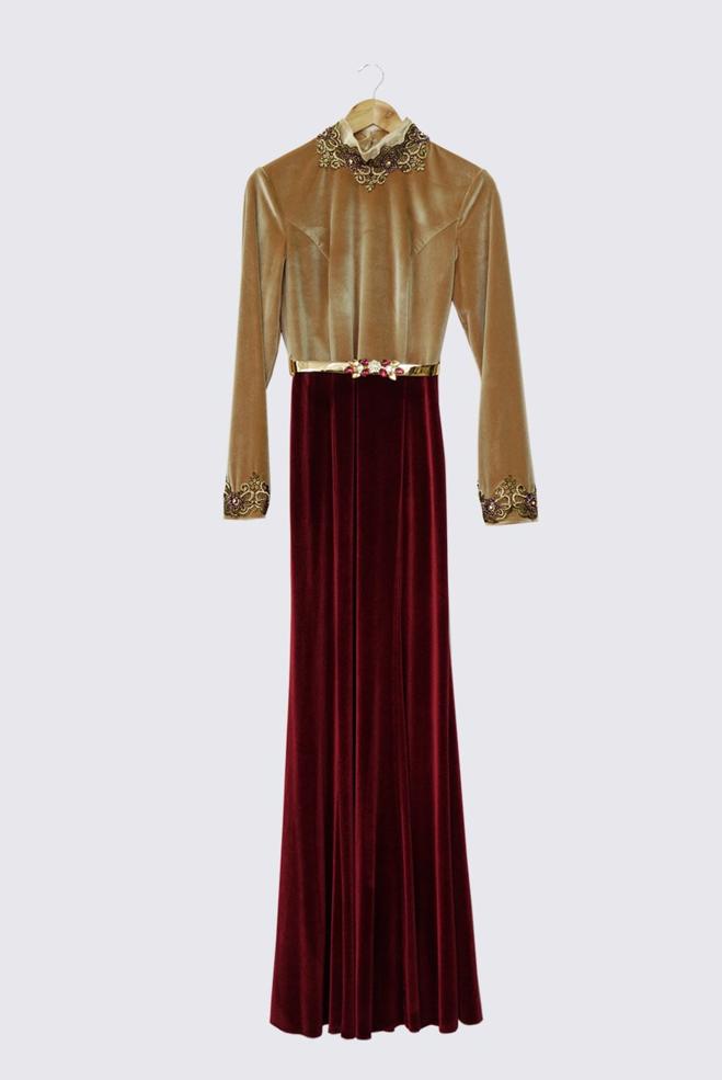 Vêtements hijab BRUN ROBE DE SOIRÉE AVEC BIJOU 5989 - ALVİNA