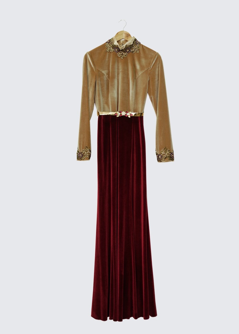 Tesettür giyim KAHVE TAŞ DETAYLI ABİYE ELBİSE 5989