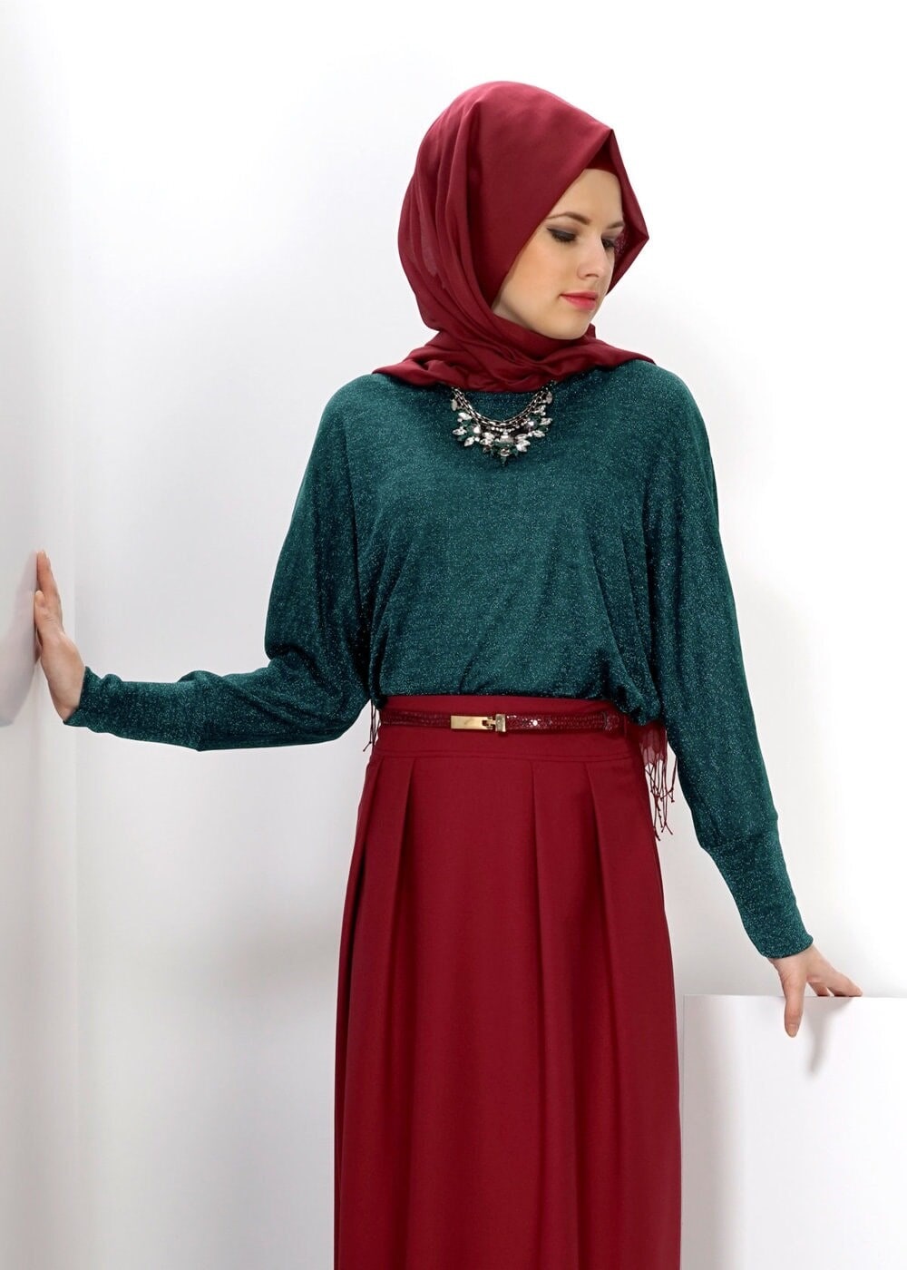 Tesettür giyim MAVİ MANŞETLERİ LASTİKLİ BLUZ 4535