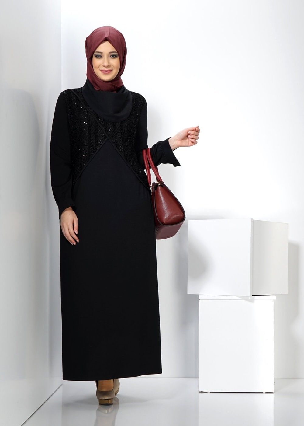 Tesettür giyim SİYAH 2440 WİNTER MİMOZA ELBİSE 44/50 TEK44